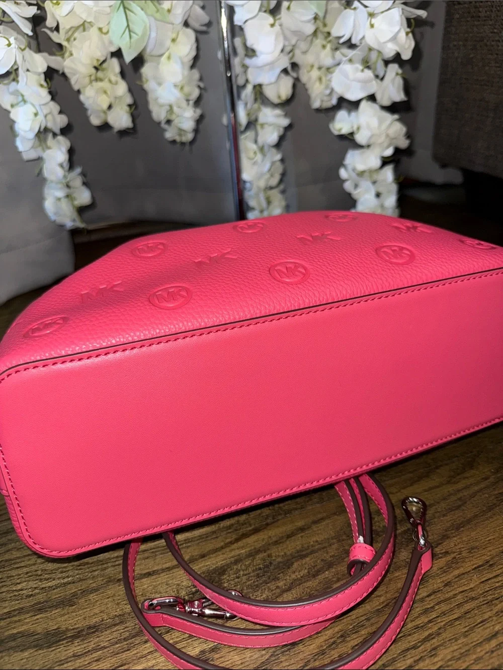 Michael Kors Hot Pink MK Embossed Leather Satchel with Strap